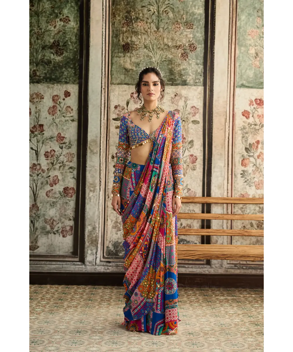 DIYARAJVVIR - MULTI-COLOR  PRINT AND HIGHLIGHTED PLUNGE NECKLINE BLOUSE WITH SHARARA SAREE SET